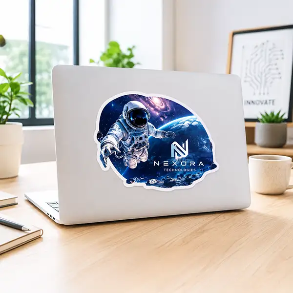 Custom die cut astronaut laptop sticker for a technology brand displayed on a modern workspace laptop.